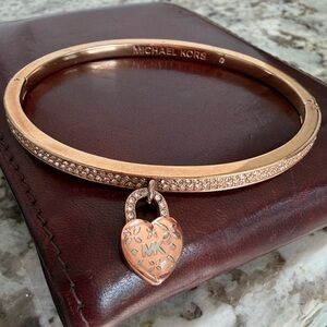 Michael Kors Rose Gold Crystal Clasp Bracelet with Logo Locket Charm